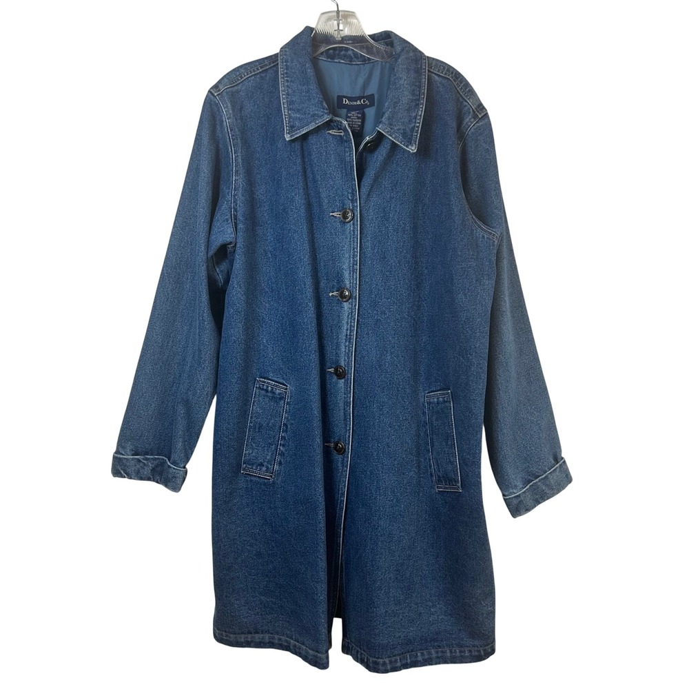 Denim & Co Blue Cotton Button Front Duster Coat Jacket Large Long Sleeve Lined